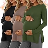 Riyiper 3 Pack Women's Maternity Shirts Split Side Crew Neck Pregnancy Tee Tops Long Sleeve Loose Fit Casual Mama Clothes(Black, Coffee, Army Green,Medium)