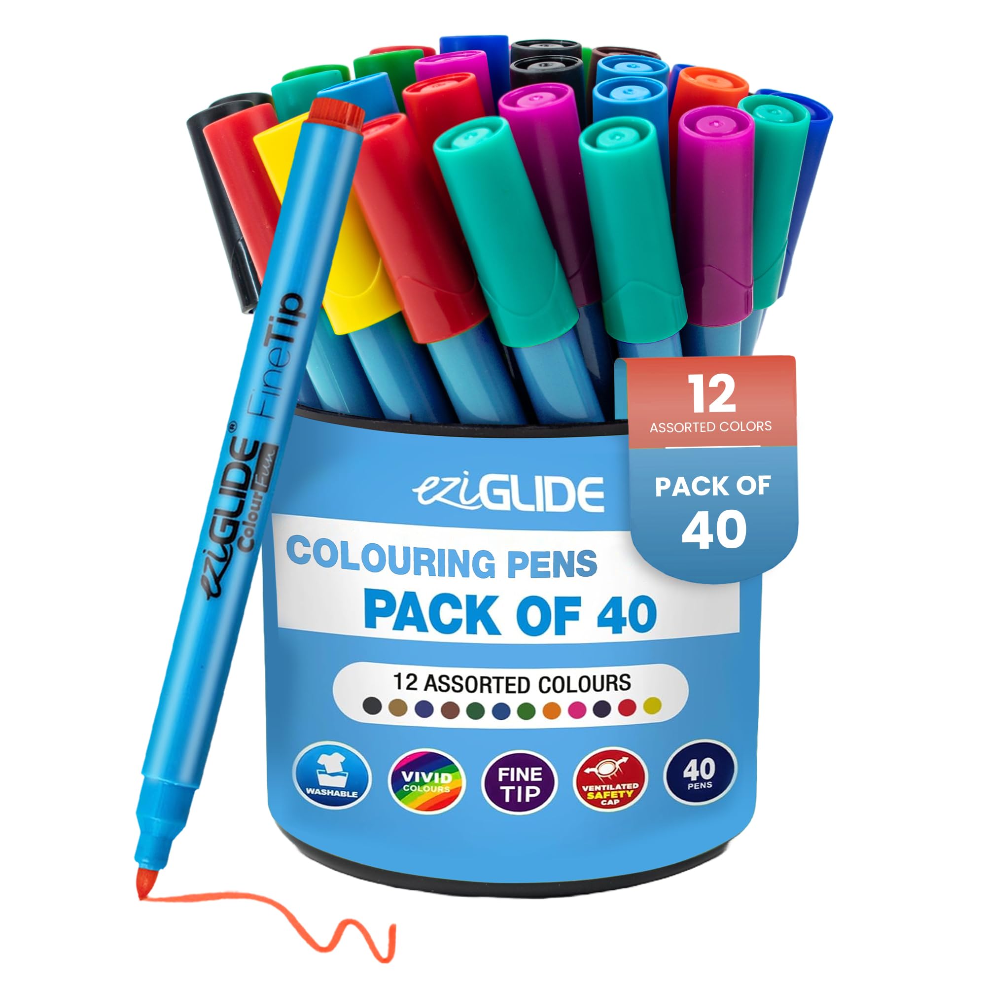 Eziglide Colouring Pens – Pack of 40 Fine Felt Tip Pens for Adults & Kids, Bright Adult Colouring Books Markers, Smooth Fibre Nib Art & Drawing No Bleed Markers