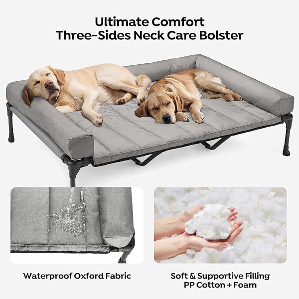 VEEHOO COOLING ELEVATED DOG BED ADD REMOVABLE WATERPROOF BOLSTER CUSHION MAT, RAISED PET COT WITH BREATHABLE TESLIN MESH, NO-SLIP FEET, DOG COUCH BED FOR INDOOR OUTDOOR, 59X37.5INCHES, GREY, CWC2331B