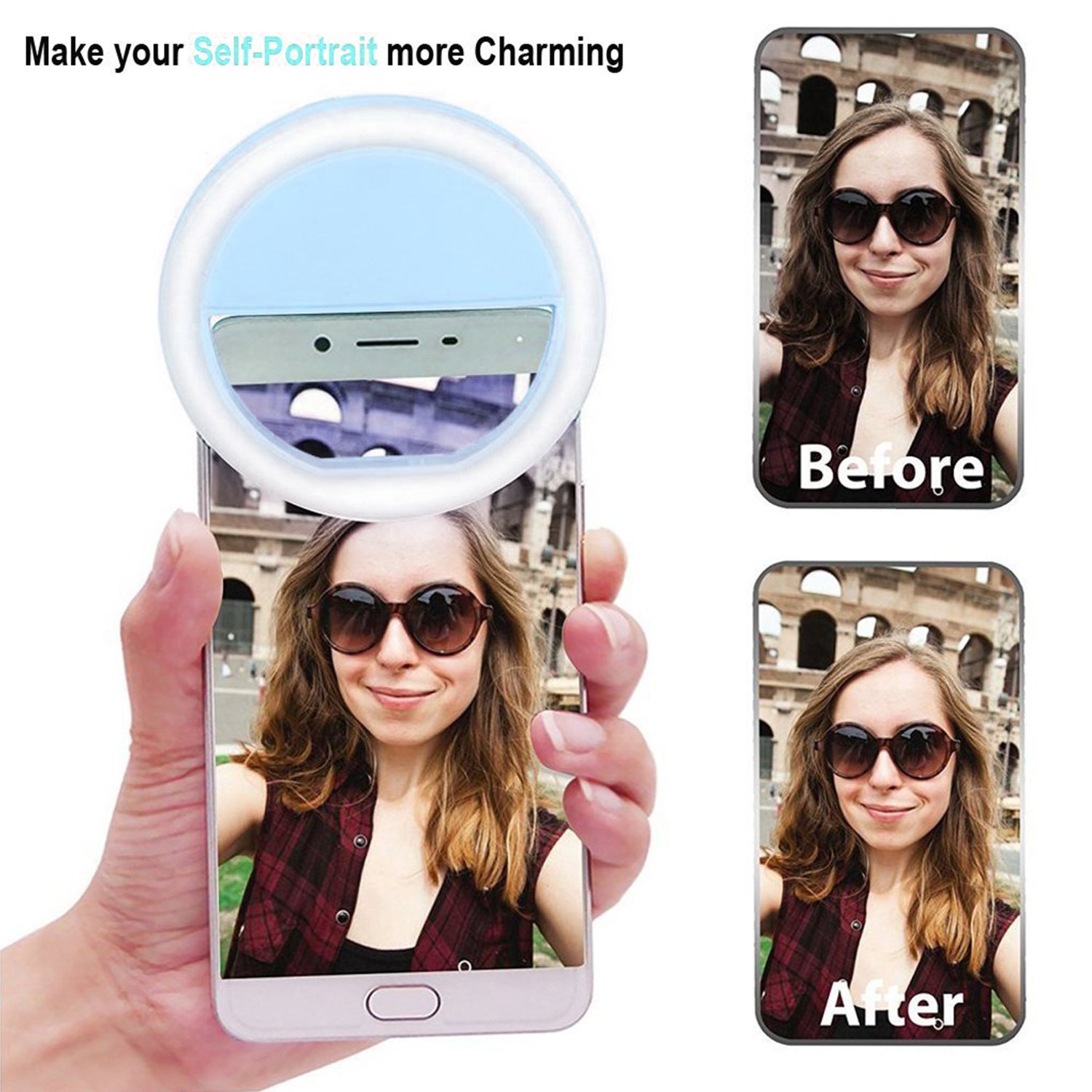 Rechargeable Selfie Ring Fill Light 3 Levels Gears Brightness with USB Charging Cable for iPhone 7/7 Plus /6/6s Plus/6/6s/5/5s/4/4s, Samsung Galaxy S7/S7 Edge/S6 Edge/S6 Edge+,Note 5/4/3/2,Cellphone