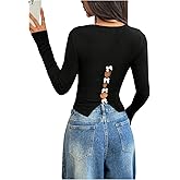 RoseSeek Women's Bow Back T Shirts Hollow Out Ribbed Knit Long Sleeve Crop Tops Fitted Tops Trendy