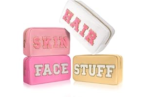 CasaCulina 4Pcs Preppy Makeup Bags Set, Cute Varsity Makeup Pouchs, Travel Cosmetic Bags Sewn with Skin/Hair/Face/Stuff Chenille Letter, Portable Nylon Zipper Toiletry Pouch Gifts for Girls Women