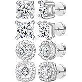 NEWITIN 4 Pairs Stainless Steel Stud Earrings for Men Hypoallergenic Earring Flatback Earring Screw Back Silver Gold Studs Inlaid Cubic Zirconia Stud Earrings for Women Men