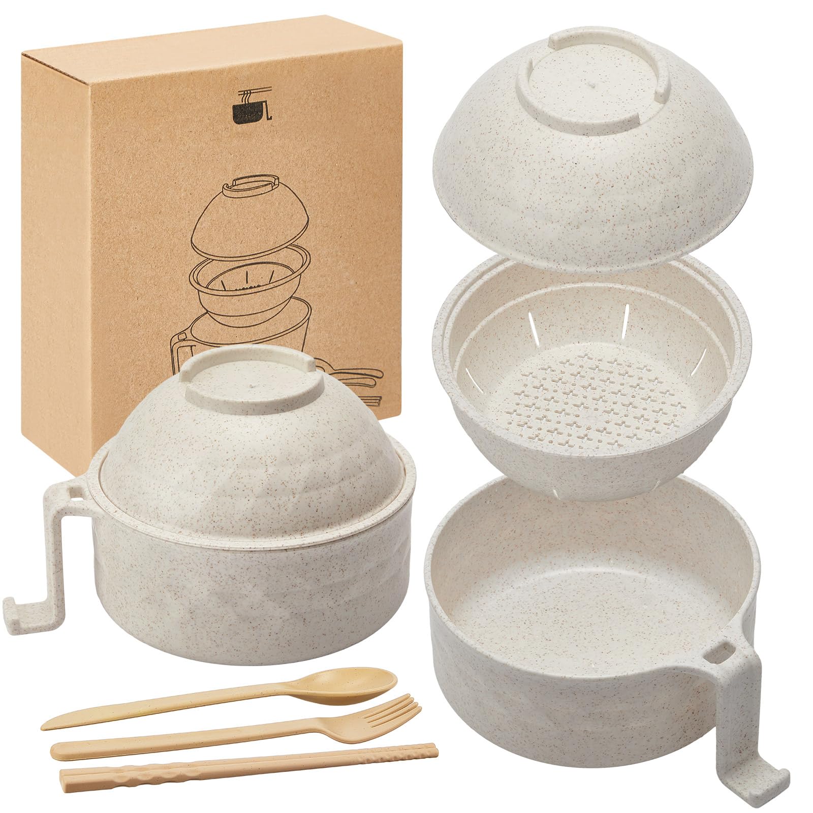 Photo 1 of 1 Set Microwave Ramen Cooker 40oz Wheat Straw Microwave Noodle Bowl Set with Chopsticks, Spoon, Fork, College Dorm Office Apartment Essentials (Beige)