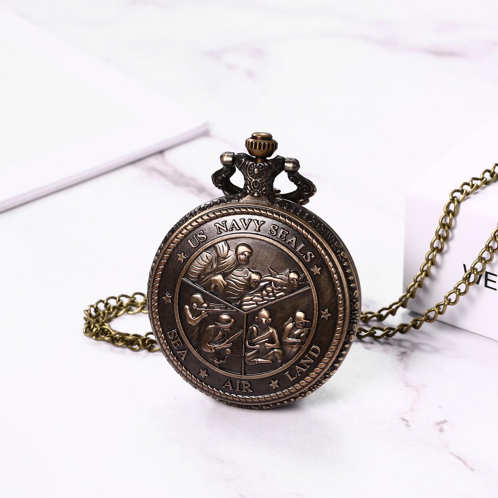 JewelryWe Bronze Retro Pocket Watch Men's United States Marine Corps Veterans Quartz Watch