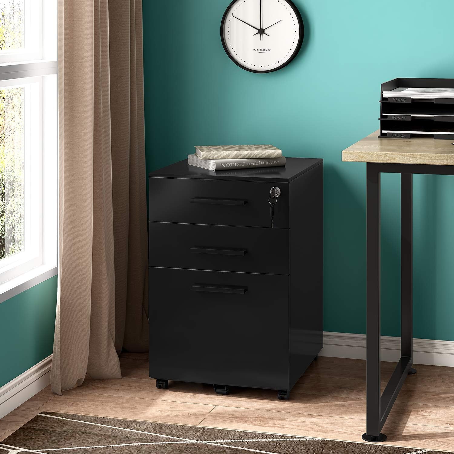 REYADE 3 Drawer Mobile File Cabinet, Metal Office Storage Cabinet with Lock and Handle, Under Desk Office Pedestal File Cabinet, Fully Assembled Except Wheels, Suitable for Legal/Letter/A4 File, Black: Kitchen & Dining