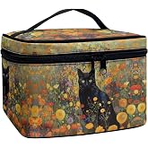 Drydeepin Black Cat Vibrant Floral Pattern Travel Makeup Bags for Women Portable Tote Cosmetic Case with Carry Handle Toiletry Accessories Storage Organizer Bags