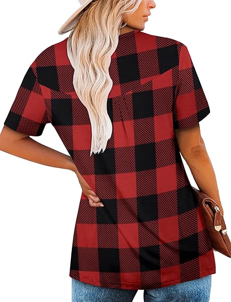 MYSTRY ZONE WOMEN TARTAN PLAID SHIRT SHORT-SLEEVED CASUAL LOOSE FIT TOPS WITH PLEATED CHEST RED M