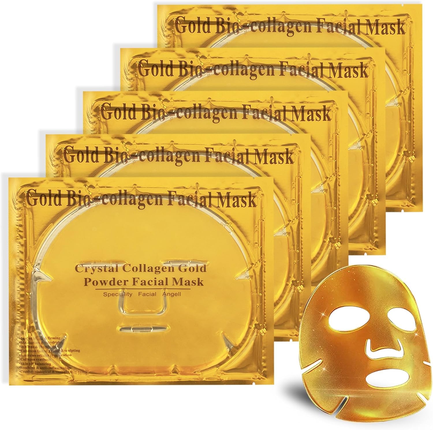 5 x 24K Gold Bio Collagen Face Mask Crystal Gold Powder Gel Facial Masks Anti Ageing Hydrating Moisturizing Brightening Skincare for All Skin Types