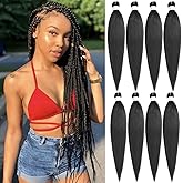 Leeven 8 Packs Pre Stretched Braiding Hair Extension Yaki Texture Hot Water Setting EZ Braids Hair for Coi Leray Braids Black