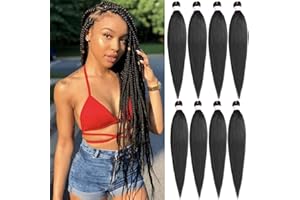 Leeven 8 Packs Pre Stretched Braiding Hair Extension Yaki Texture Hot Water Setting EZ Braids Hair for Coi Leray Braids Black
