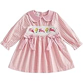 Adobabirl Toddler Baby Girl Easter Outfit Bunny Embroidery Smocked Dress Doll Collar Long Sleeve Plaid Dress for Kids