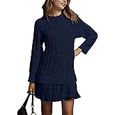 MINSURE Women Cable Knit Sweater Dress Crewneck Long Sleeve Pleated Mini Dress Twofer Style Patchwork Dress(Navy-L)