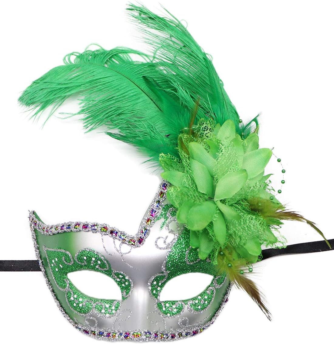 Flywife Feather Masquerade Mask Halloween Mardi Gras Cosplay Costumes Venetian Party Mask (Silver Green)