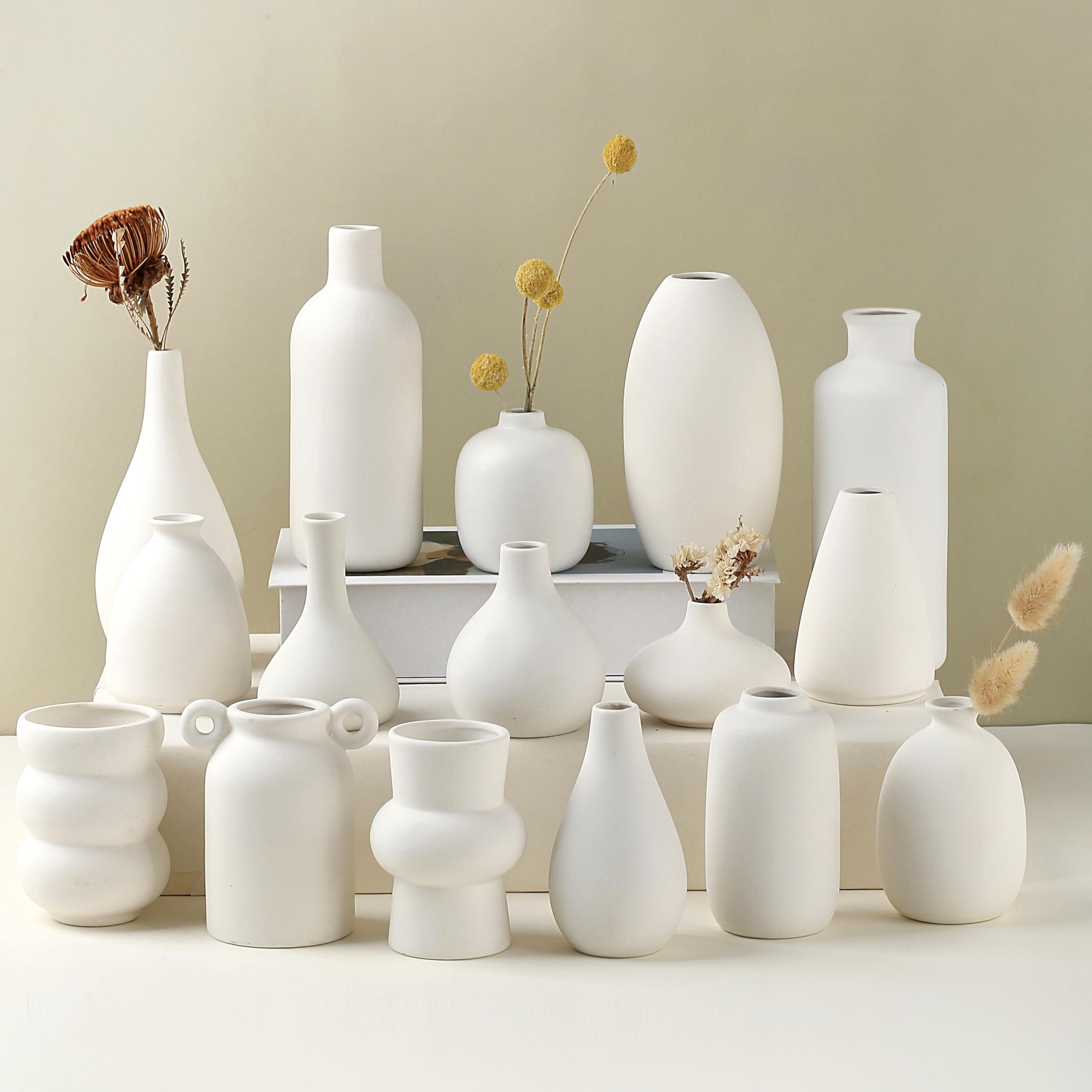 Photo 1 of Parlamain Set of 16 White Ceramic Bud Vases, Minimalist Boho Small Pampas Grass Flower Vase for Farmhouse Home Decor, Wedding Centerpiece, Shelf and Table Decoration