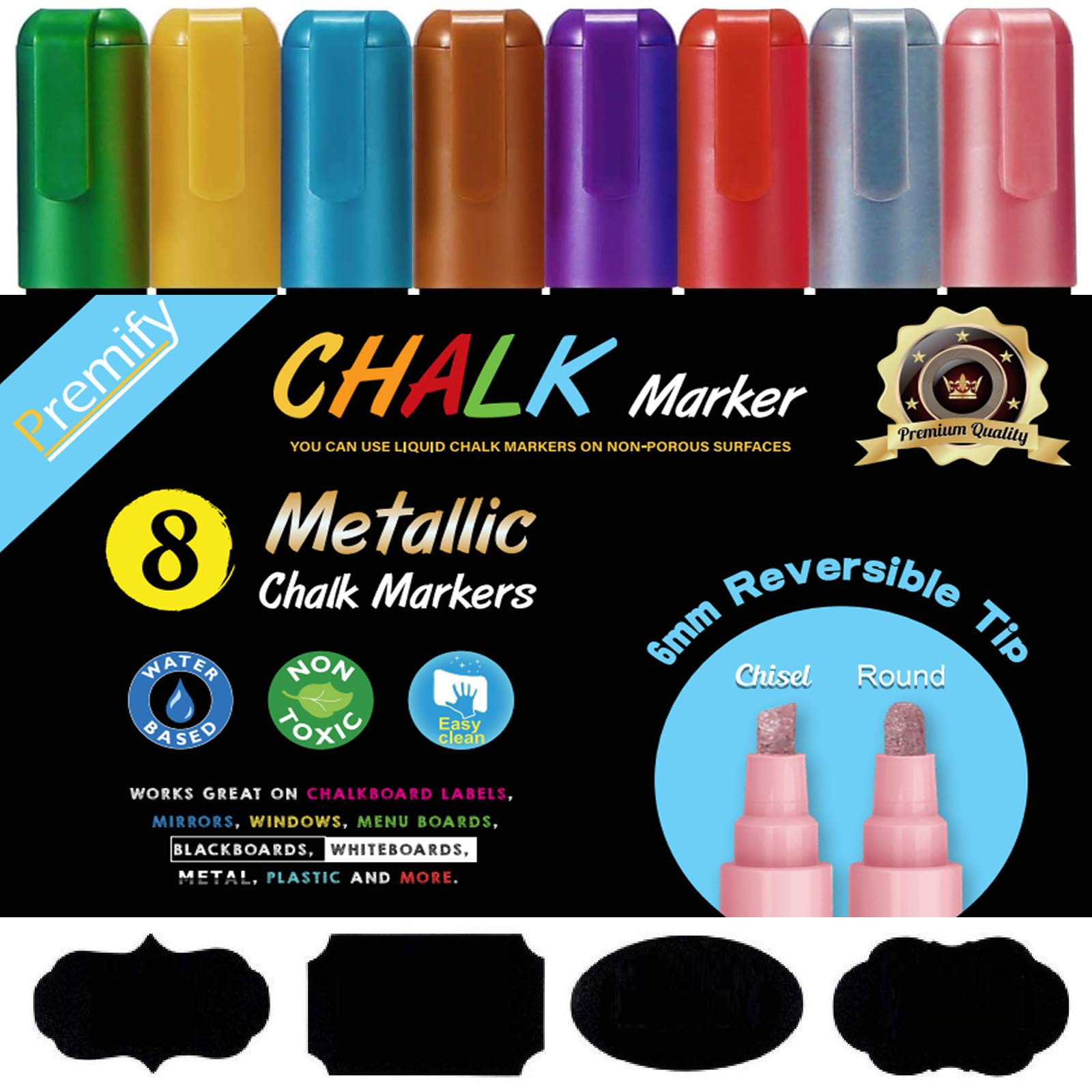 Liquid Chalk Markers 8 Metallic Colors with Silver & Gold + 32 Chalkboard Labels, Whiteboard, Blackboard, Bistro, Glass, Signs, Dustless Erasable White Board pens, 6mm Reversible Nib, Non-Toxic Marker