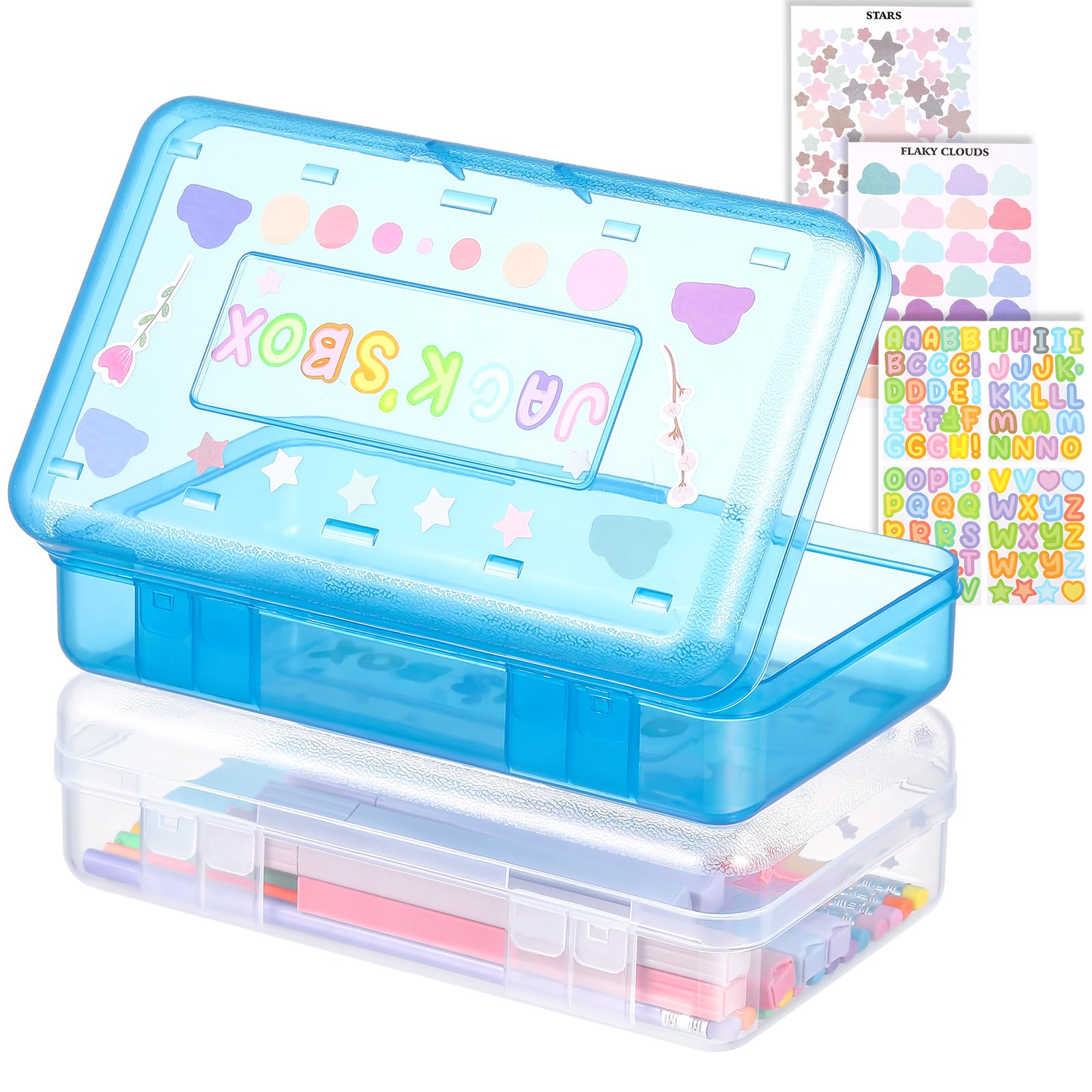 Photo 1 of Fainne 2 Pack Clear Pencil Boxes Plastic Pencil Case Large Capacity Pen Box with 3 Sheet Stickers for Kids Girls Boys School Classroom Office Storage Organizer(Clear,Blue)
