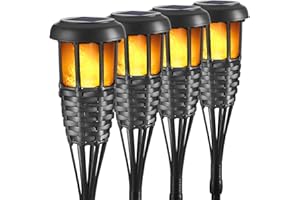 LAPSNAIL Solar Torch Light with Flickering Flame, 4 Pack Waterproof Bamboo Torches Hand-Woven Rattan Solar Tiki Torches for Outside Patio Yard Garden Lawn (Black-4 Pack)