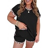 Beautife Womens Plus Size 2 Piece Short Sets Leopard Print Ribbed Knit Short Sleeve Top 2026 Summer Casual Lounge Set