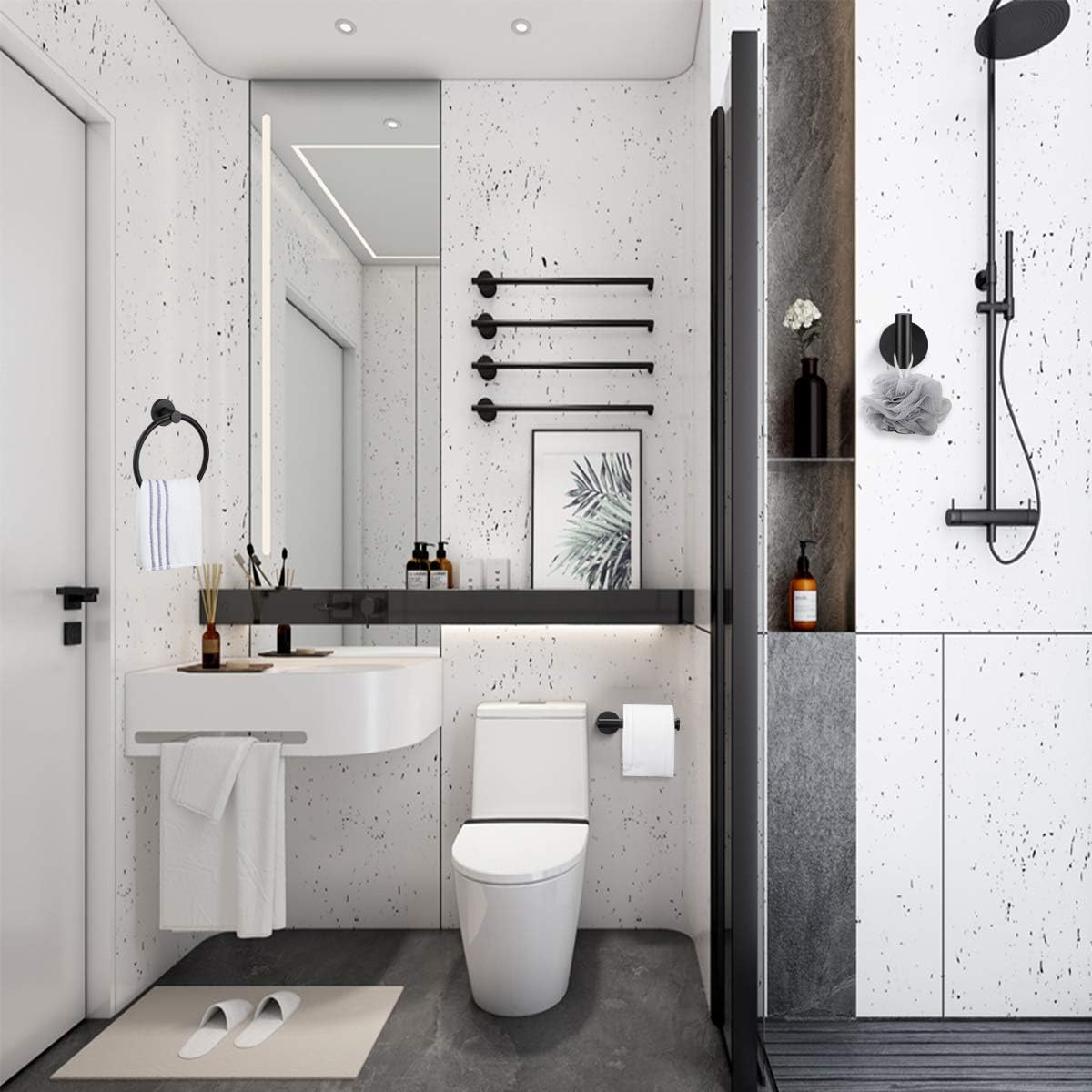 Pynsseu 304 Stainless Steel Bathroom Hardware Accessories Set Matte Black 3-Piece Set Includes Hand Towel Ring, Robe Towel Hook, Toilet Paper Holder Heavy Duty Wall Mount Bathroom Holder: Home & Kitchen