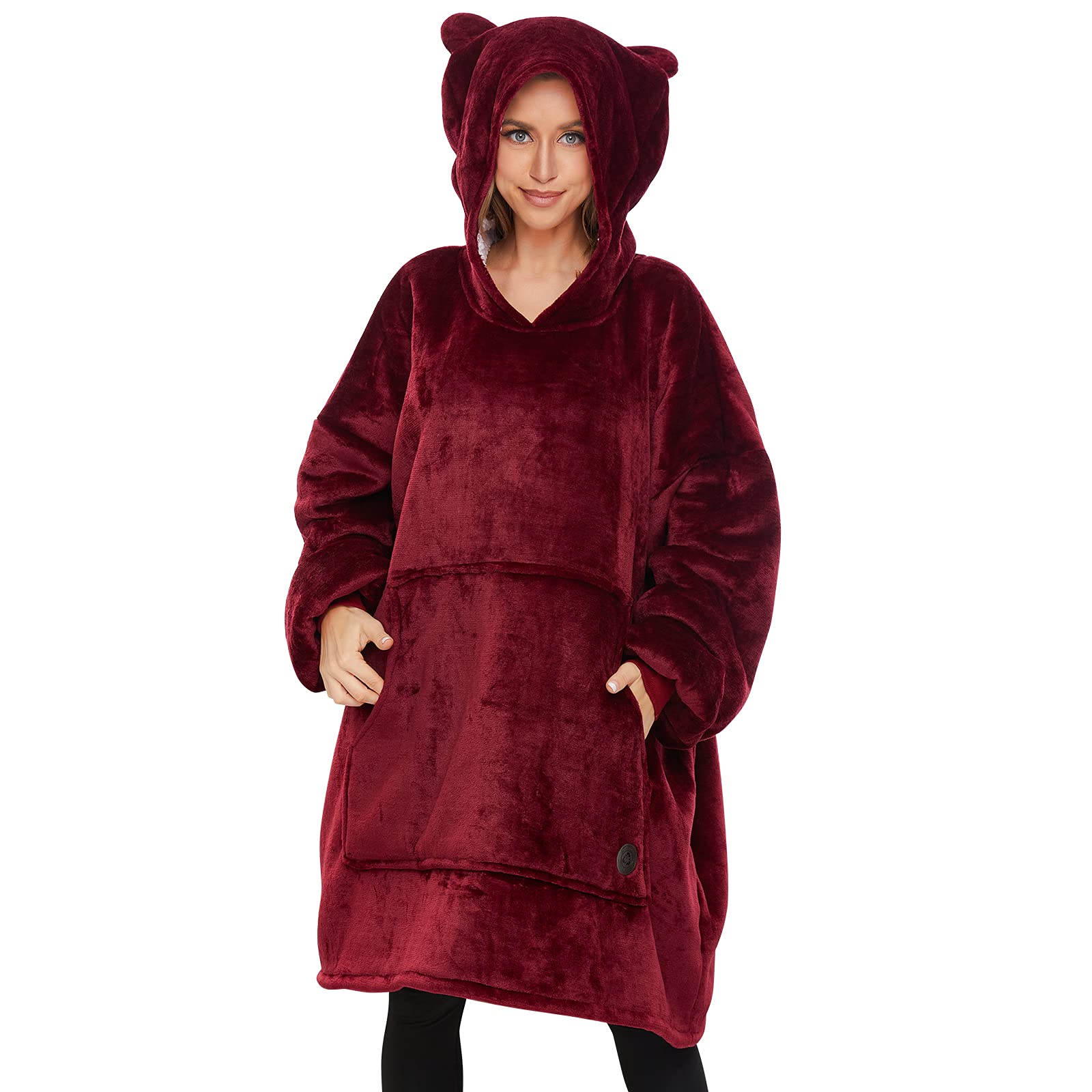 THREE POODLE Wearable Blanket Hoodie for Women, Oversized Sherpa Sweatshirt Blanket for Adults Men, Cozy Burgundy Hooded Blankets, Gifts for Teen Girls Women Mom Sister Image
