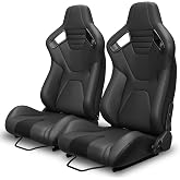 Universal Racing Bucket Seats PVC Sport Car Seats Adjustable w Slider 1Pair | Reclinable Carbon Back Race Seats 22.04''L x 21.6'' W x 36.6''H Brackets Not Included