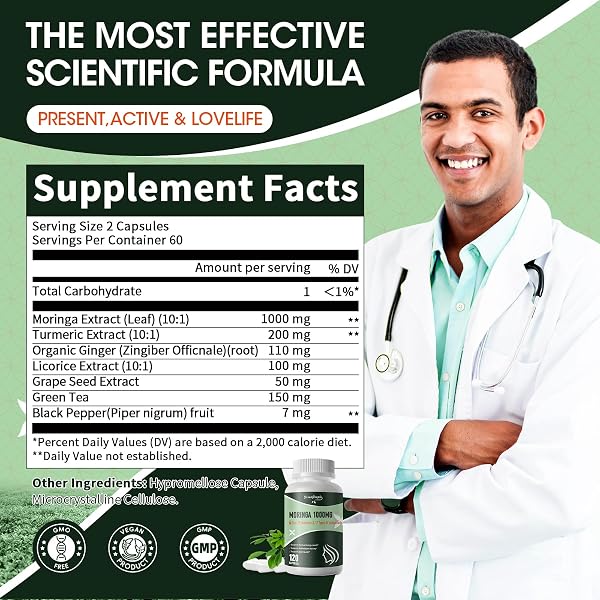 MORINGA CAPSULES 1000MG WITH TURMERIC, GREEN TEA & GINGER EXTRACT – 7-IN-1 SUPERFOOD SUPPLEMENT FOR ENERGY, IMMUNE SUPPORT & JOINT COMFORT – VEGAN, NON-GMO ANTIOXIDANT BLEND FOR MEN & WOMEN, 120 CT
