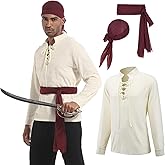 DARFULA 3 Pcs Men's Pirate Shirt Medieval Renaissance Shirt Pirate Bandana Waist Belt for Halloween Cosplay