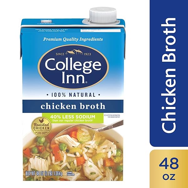 COLLEGE INN 40% LESS SODIUM CHICKEN BROTH, 48 OZ CARTON