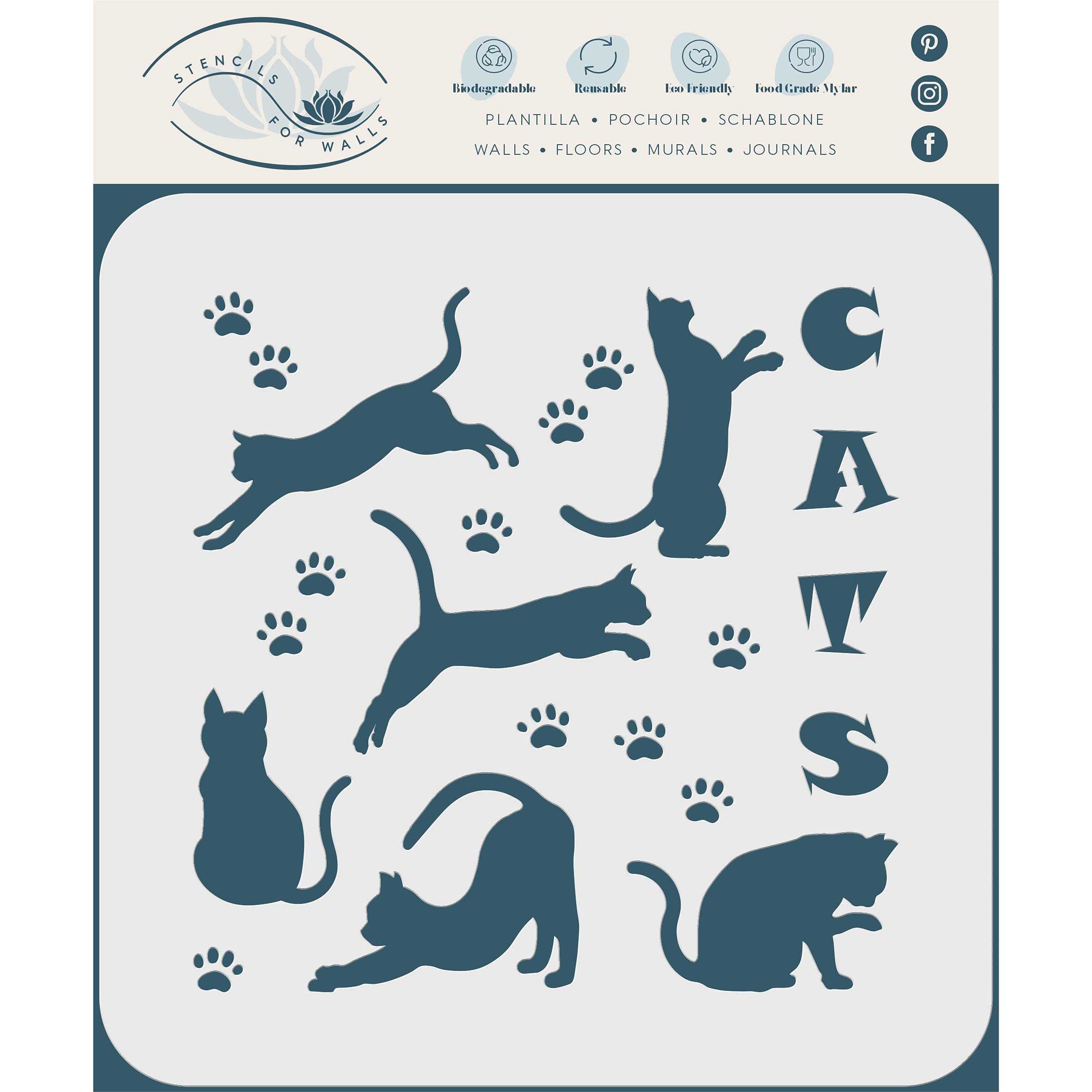 Stencil Company Cats Stencil, 21.5 x 21.5 cm (L) - Pet Friend Animal Feline Silhouette Quote Stencils for Painting Template