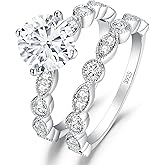 RYANEE 2CT Solitaire Cubic Zirconia Promise Engagement Ring For Women 925 Sterling Silver, Simulated Diamond 14k White Gold Plated CZ Stackable Rings For Her, Marquise Wedding Band Bridal Ring Set