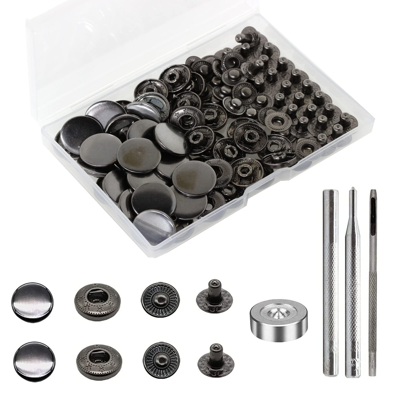BetterJonny 24 Sets Heavy Duty Leather Snap Fasteners Kit, 17mm Metal Snap Buttons Press Studs Leather Rivets Snaps with 4 Setter Tools for Clothes Bracelet Jackets Jeans (Gun Black)