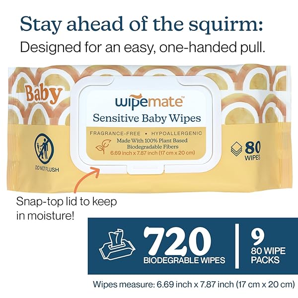 WIPEMATE EWG-VERIFIED PREMIUM BABY WIPES, 99% WATER-BASED, PLASTIC-FREE, ULTRA-SOFT PLANT-BASED WIPE, CHLORINE/ALCOHOL-FREE, PH-BALANCED, HYPOALLERGENIC CRUELTY-FREE WITH DURABLE FLIP-TOP LID 720-CT