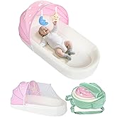 MonGianda Portable Newborn Nest Lounger-Travel Bassinet,with Canopy & Mosquito Net-Lightweight Foldable Lounger Cotton Cover & Supportive Mattress Washable and Indoor-Outdoor Use (Pink)