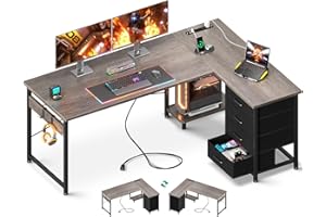 AODK L Shaped Desk with 4 Tier Drawers, 61" Reversible Gaming Desk with Power Outlets, L Shaped Computer Desk with USB Charging Port and Host Stand, Home Office Corner Desk, Easy to Assemble, Grey Oak