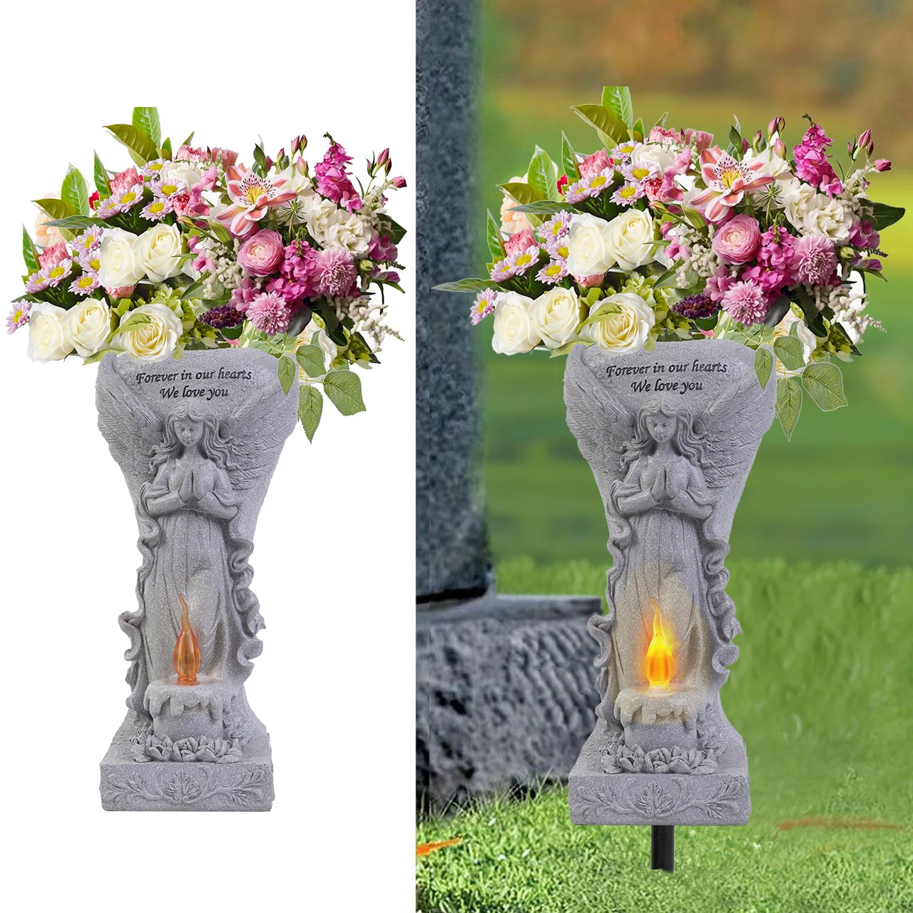 Photo 1 of Cemetery Commemorative Gift - Garden Angel Statue with Solar Lights and Vases, Prayer Angel Vase, Commemorative Stone, Tomb Cemetery Decoration