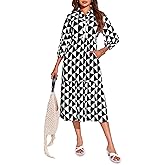 Wenrine Womens Boho Midi Dress Long Sleeve Casual Color Block Beach Button Down Shirt Dress