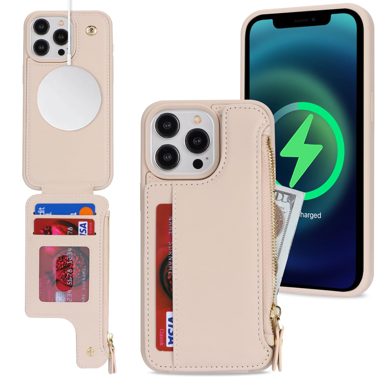 SailorTech iPhone 15 Pro Case with Credit Card Holder magsafe, iPhone 15 Pro Phone Leather Case Wallet for Women Compatible mag safe Card Slots Zipper Shockproof Case for Men - White โ image 1