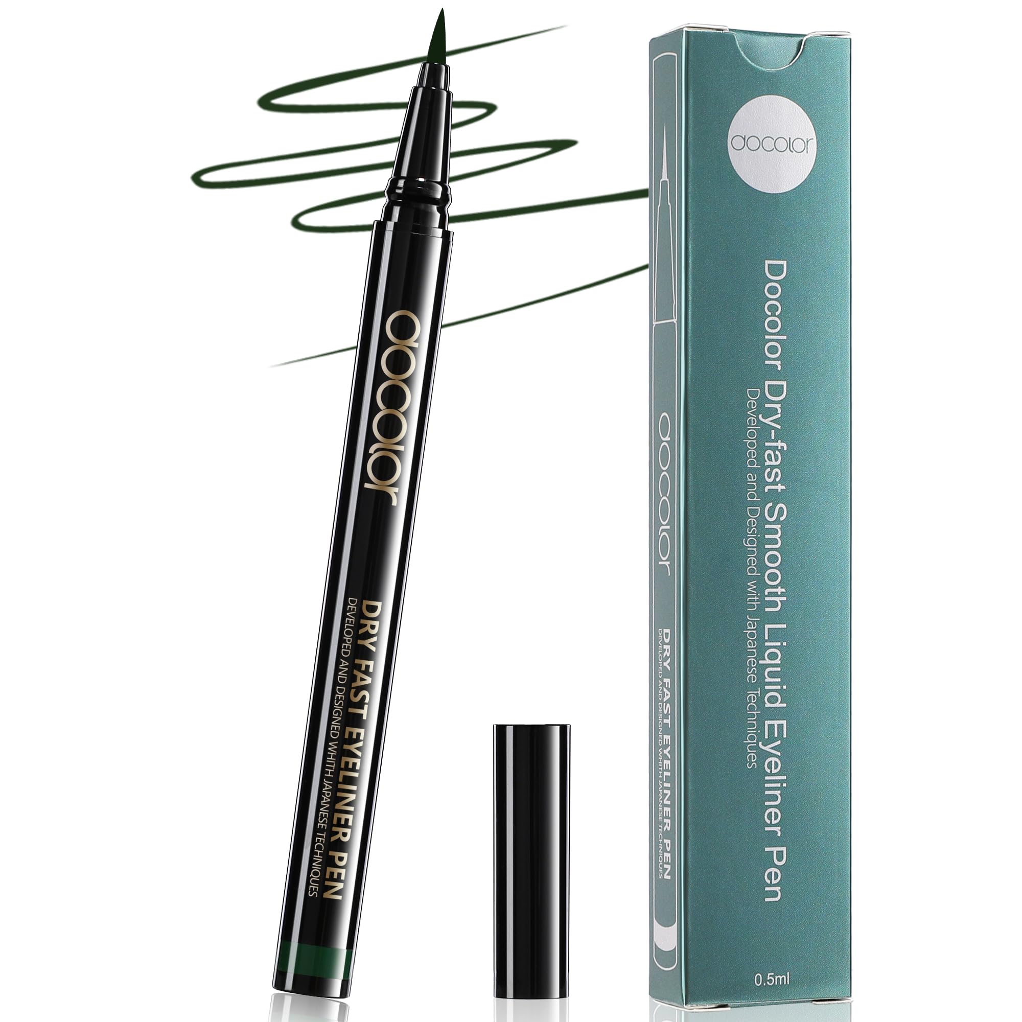 Docolor Waterproof Liquid Eyeliner Pen -Green, Smudge Proof & Long Lasting - Hyper Precise Brush Tip for Beginners & Sensitive Eyes - Quick Drying, Intense Matte Ink - Vegan & Cruelty-Free
