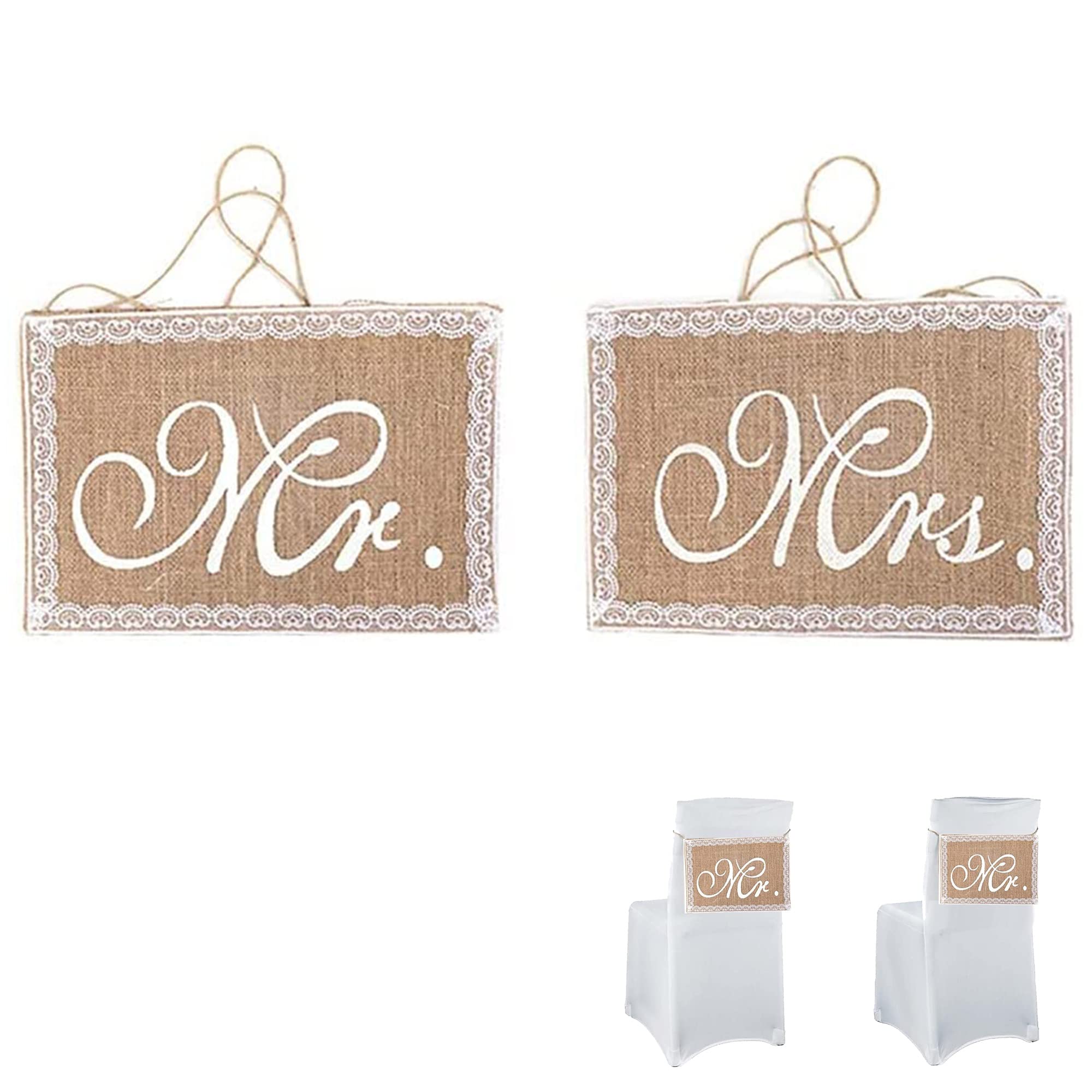 YJFY 1 Pair Chair Banner Set Chair Decorative Banner Linen Mrs Mr Garland Banner Mrs Mr Wedding Banner Mr and Mrs Chair Decoration for Wedding Ceremony Photo Props Bridal Shower (Lace)
