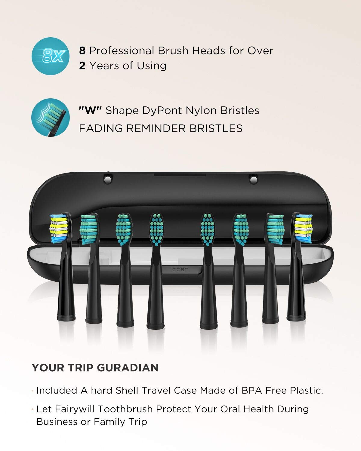 Fairywill D8 Sonic Electric Toothbrush for Adults and Kids ADA Accepted, 8 Dupont Brush Heads & Travel Case 5 Modes Rechargeable Whitening Power Toothbrush 2 Mins Smart Timer 40,000 VPM Black Series: Beauty