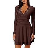 HYPERFIRE Women's Ruched Lace V Neck Long Sleeve Mini Dress Flowy Short Dresses Party Club