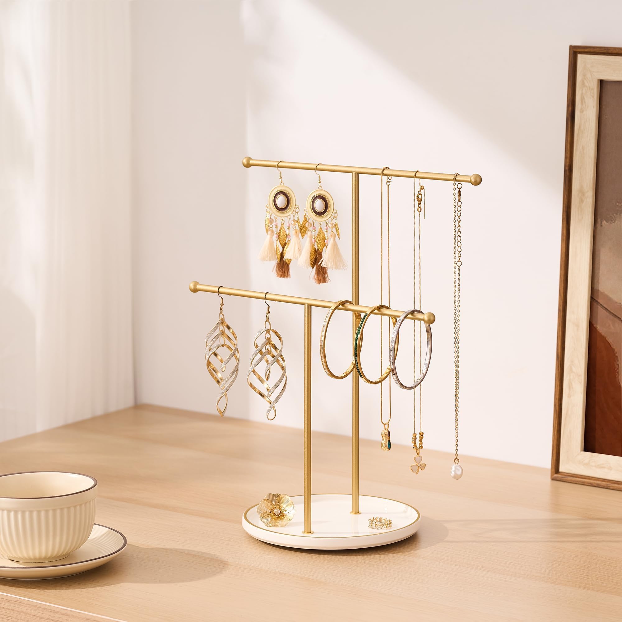 Josmimic Gold Jewelry Holder Stand with Ceramic Tray: Small Hanging Necklace Organizer Tree for Earrings, Bracelets, Rings – Jewelry Display Hanger for Women & Girls, White