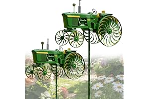 Garden Tractor Wind Spinner, Green Tractor Windmill Stake Decor with Rotating, Yard Ground Stake Windmill for Front Yard Porc