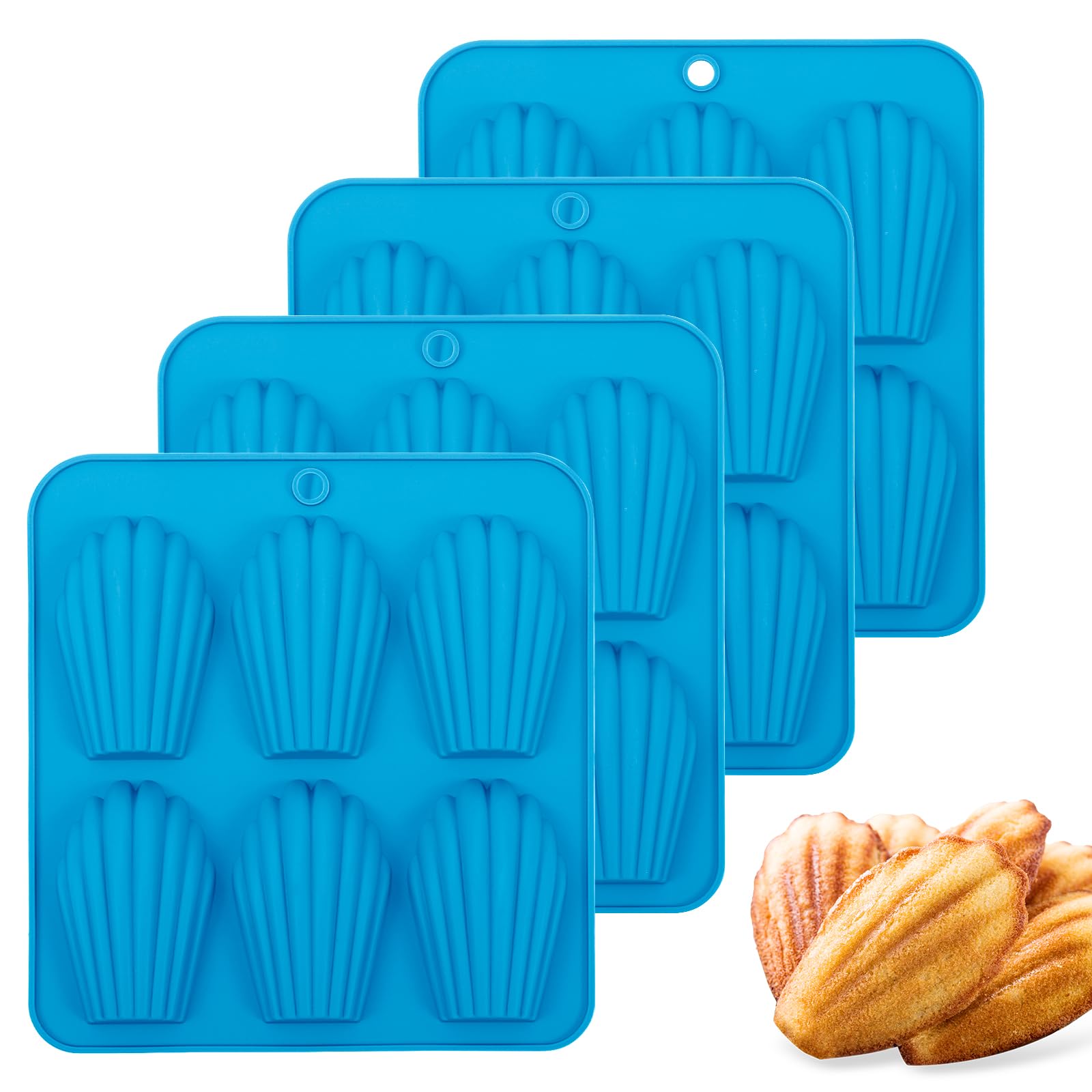 Photo 1 of 4 Pack Madeleine Pans for Baking, 6 Cavity Shell Shape Baking Mold Nonstick Cookie Cake Pan for Oven (Blue)