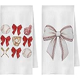 ChenCraty Vintage Bow Baseball Kitchen Towels Set of 2, Baseball Player Gifts Dish Tea Towels for Kitchen Decor, Coquette Red Bow Baseballs Decorative Hand Towel for Bathroom, 16x24 Inches