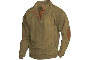 HTHLVMD Mens Corduroy Shirt Button Up Pullover Mock Neck Long Sleeve Sweaters Polo Sweatshirts with Elbow Patches