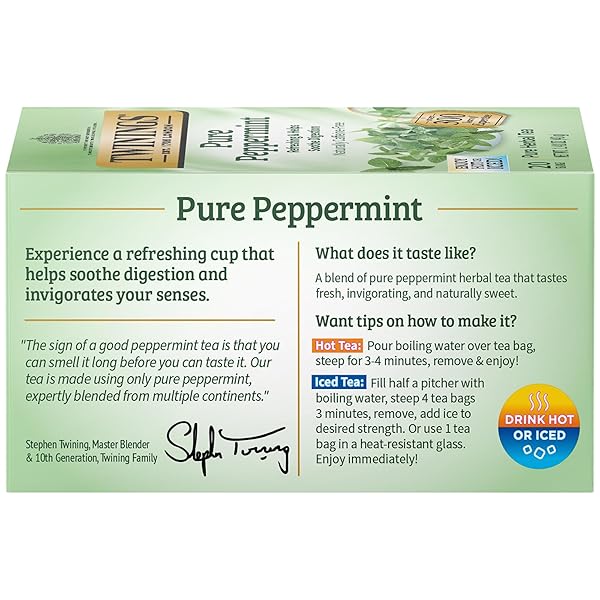 TWININGS PURE PEPPERMINT HERBAL TEA INDIVIDUALLY WRAPPED BAGS, 20 COUNT (PACK OF 1), FRESH MINTY FLAVOUR, NATURALLY CAFFEINE-FREE, ENJOY HOT OR ICED | PACKAGING MAY VARY