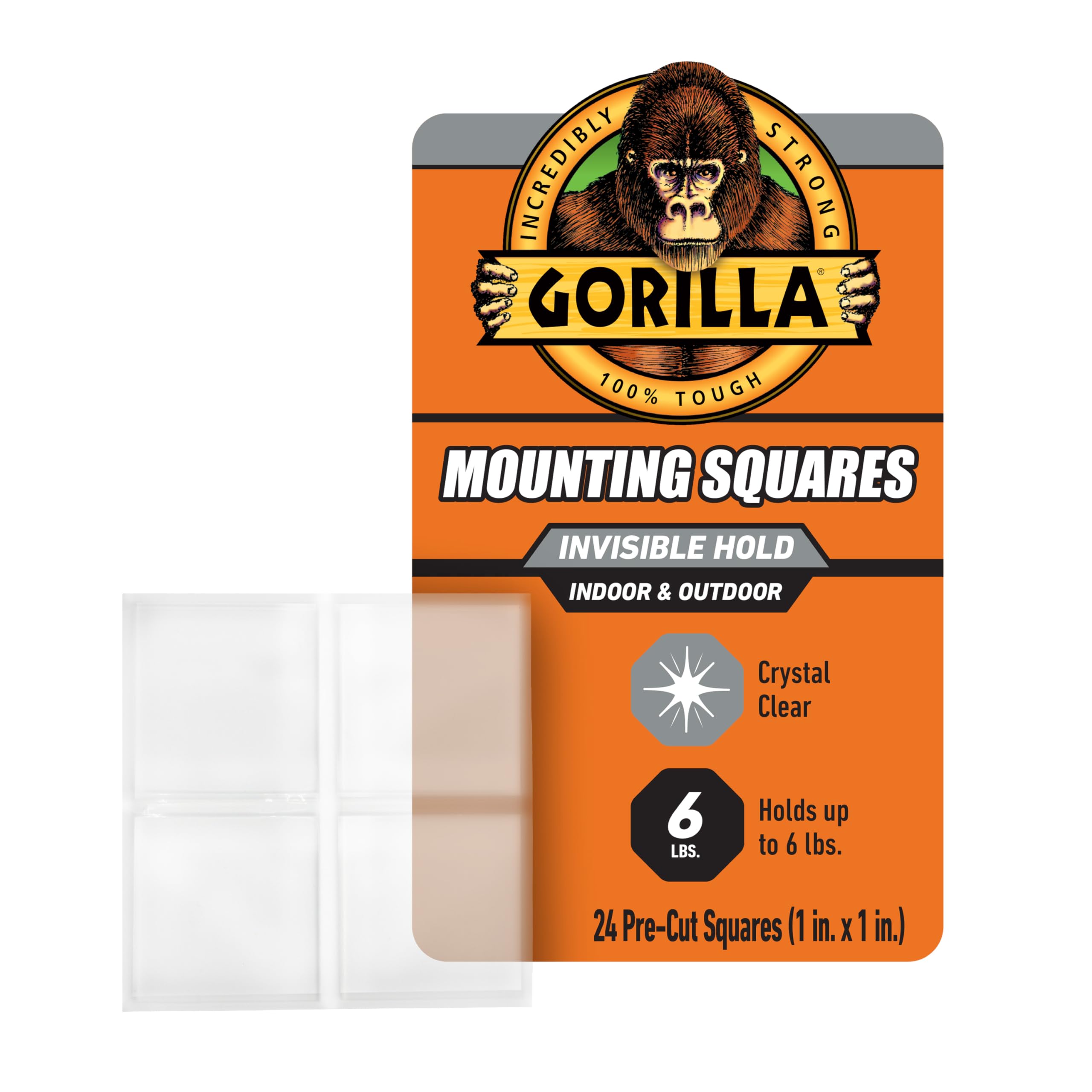 Gorilla Tough & Clear Double Sided Tape Squares, 24 1" Pre-Cut Mounting Squares, Clear, (Pack of 1)