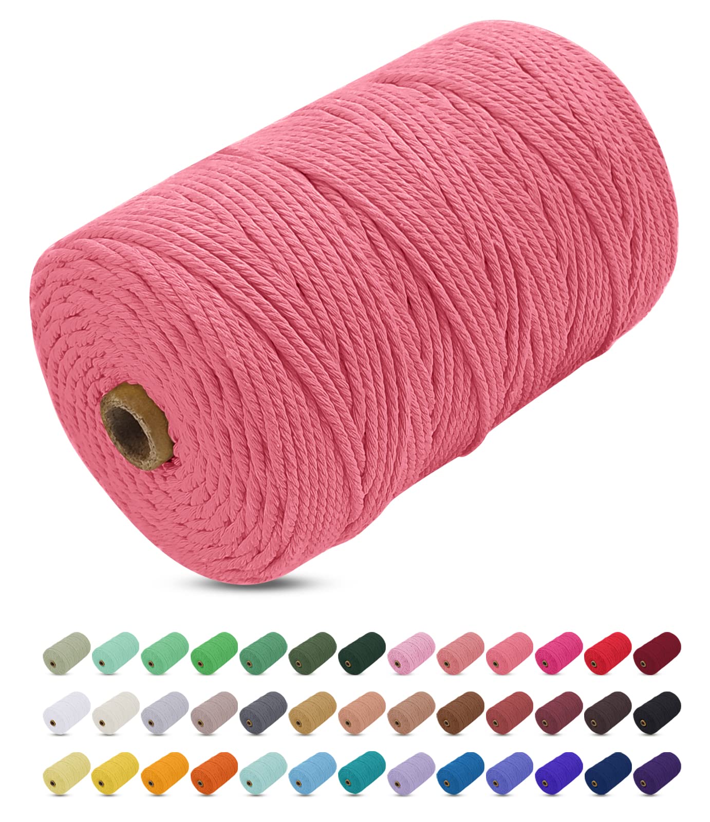 Uiopa Macrame Cord 3mm x 200m, Thick Rope Yarn Natural Cotton Cord, 4-Ply Macrame String for DIY Crafts, Plant Hangers, Wall Hangings, Decorations (Watermelon pink)